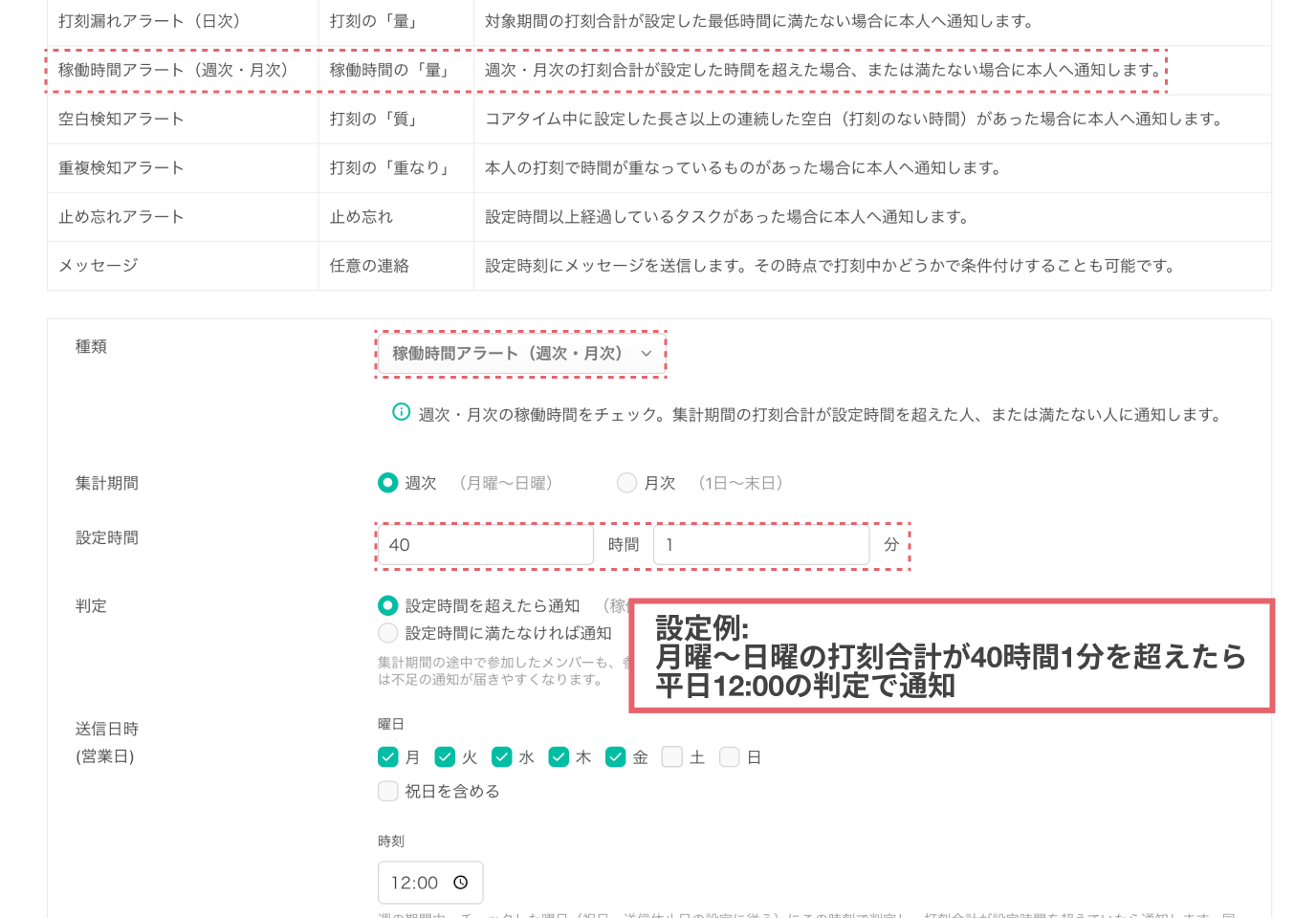 稼働時間アラート(週次・月次)の設定